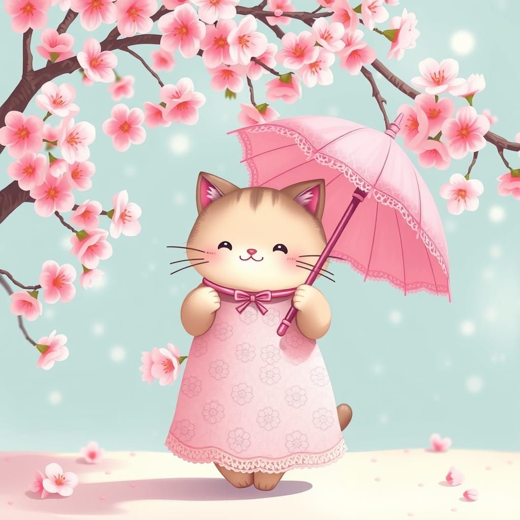 Pusheen in Pink Gown Under Cherry Blossoms