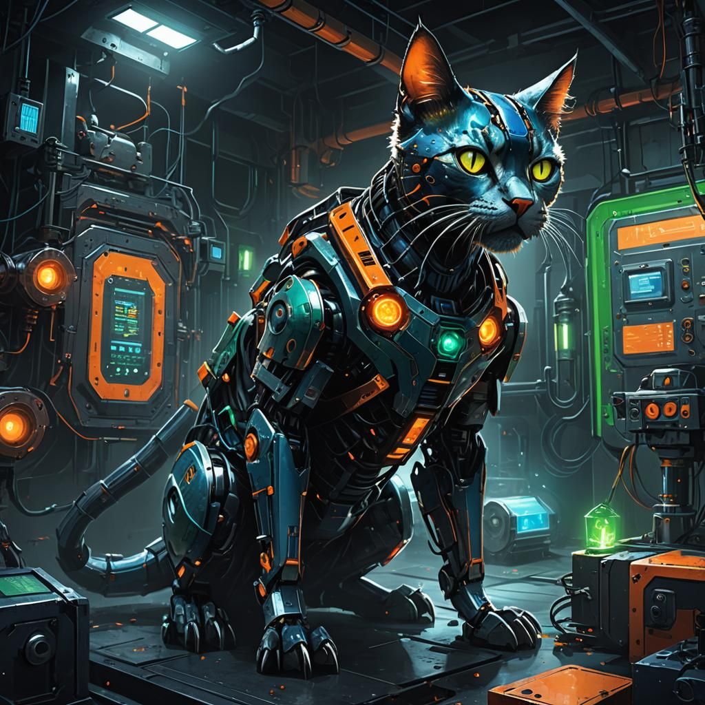 Dark Science Fiction Concept Art of Robot Cat in Creepy Lab