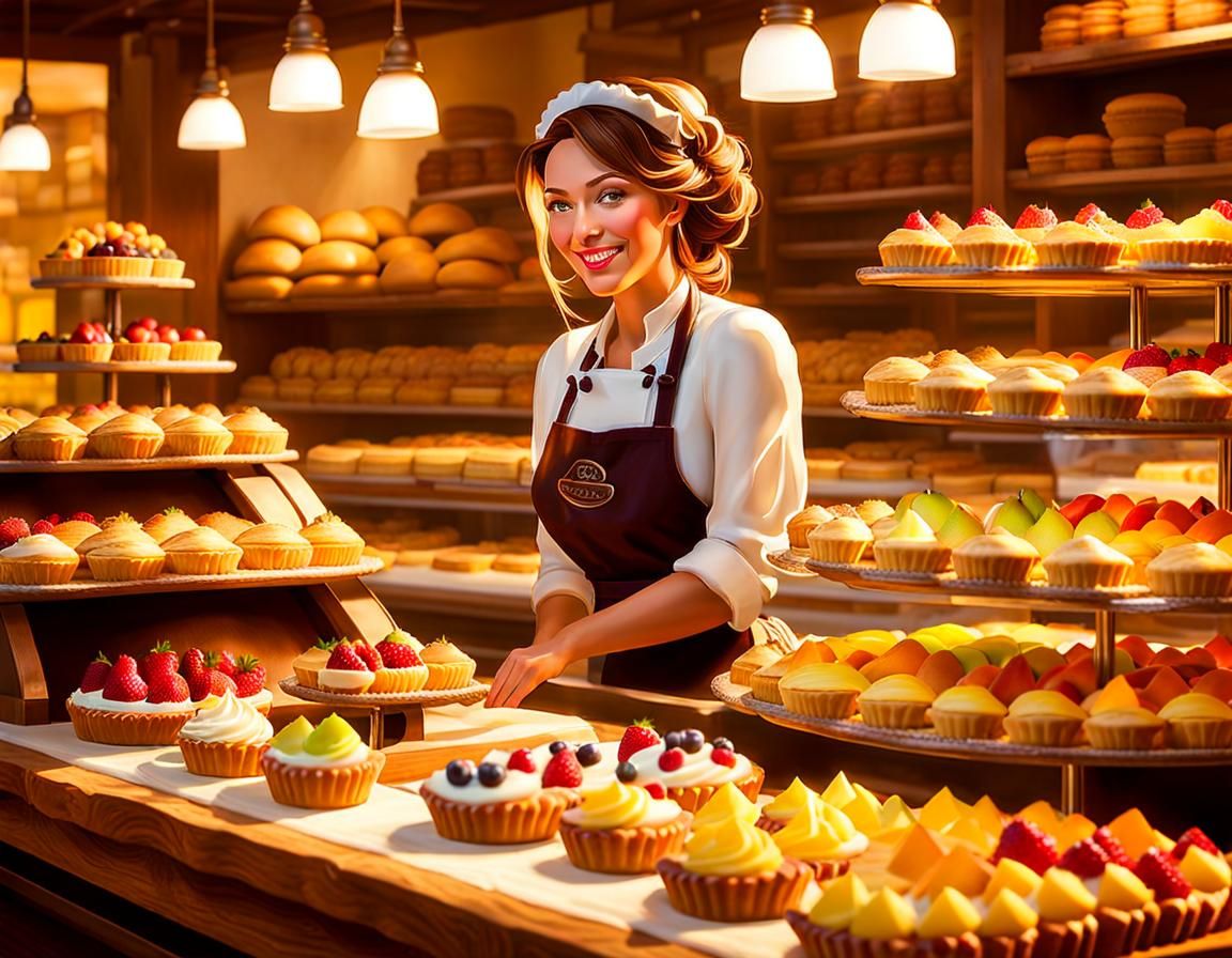 A Charming Impressionist Bakery Scene with Warm Golden Light...