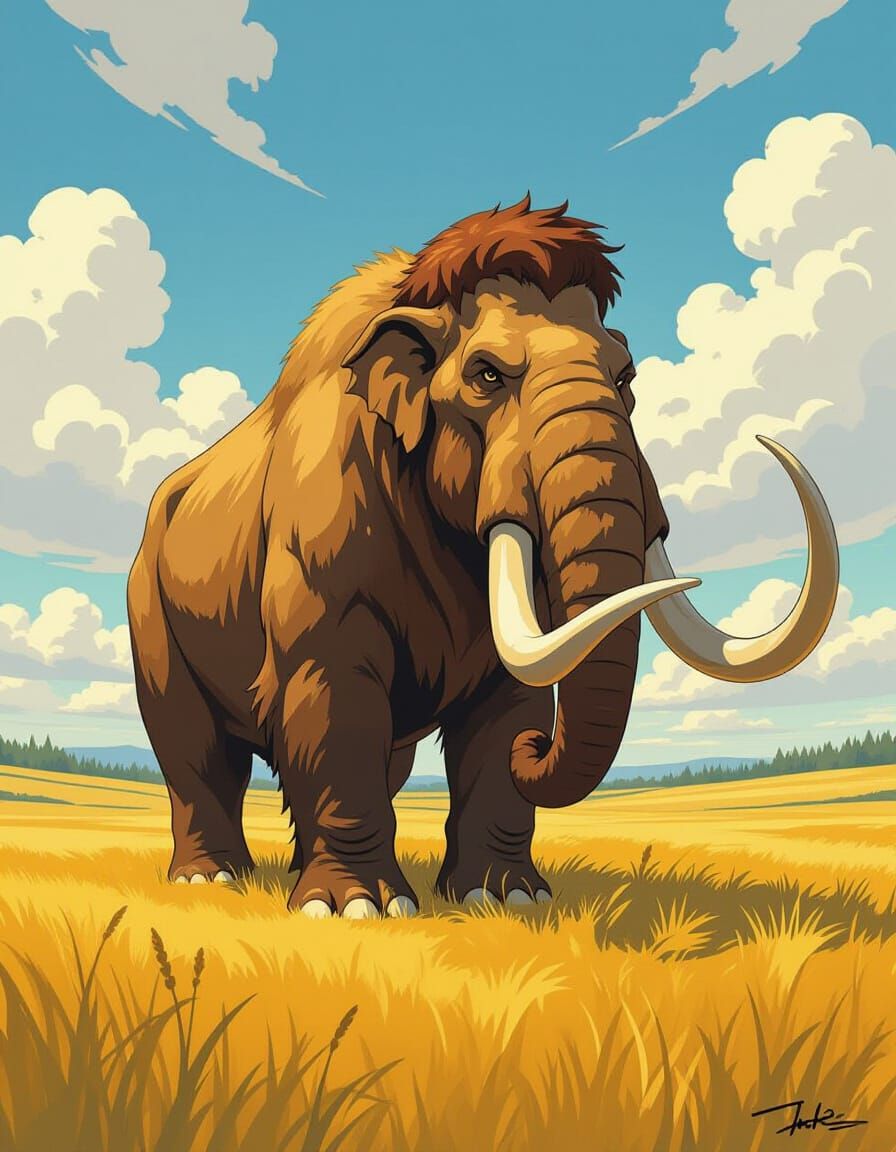 Majestic Mastodon in Sunlit Field, Muscular Art Style