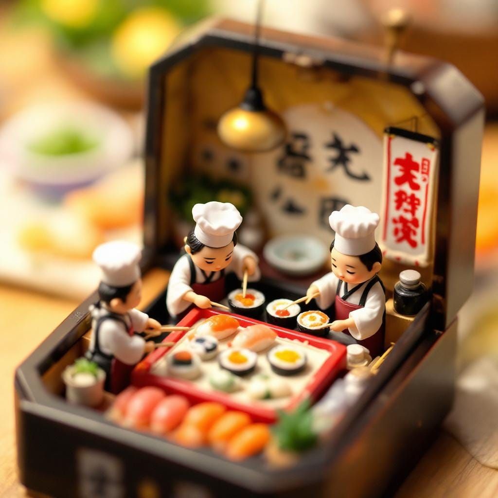 Miniature Sushi Chefs in Bento Box Kitchen