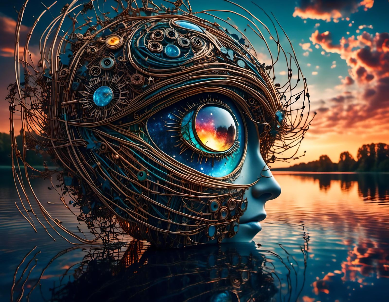 Intricate Android Eye Over Summer Lake