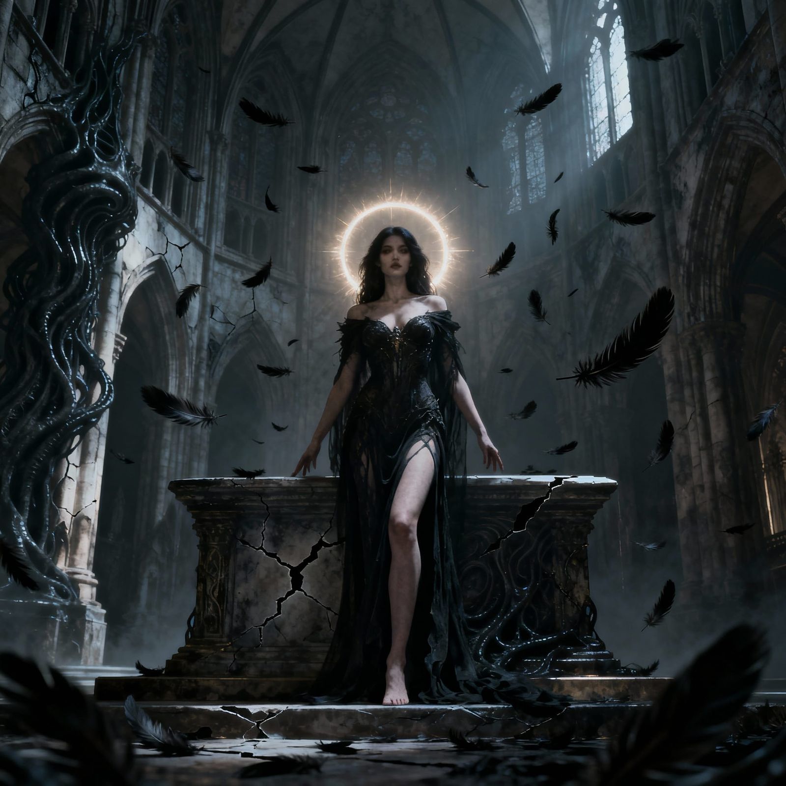 Gothic Goddess Before Cracked Altar With Falling Feathers