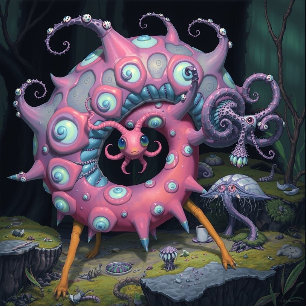 Dreamlike Ammonite Berry Monster Roams Eerie Forest