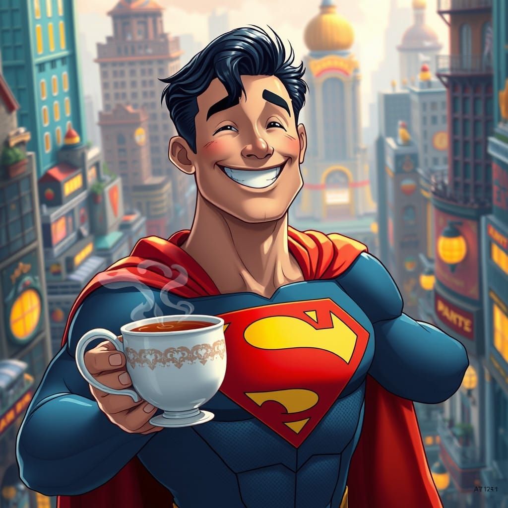 Whimsical Superman Enjoys Tea in a Vibrant Cityscape