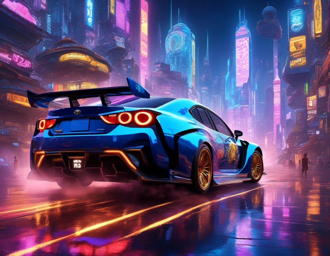Futuristic Subaru WRX Races Through Neon Cityscape