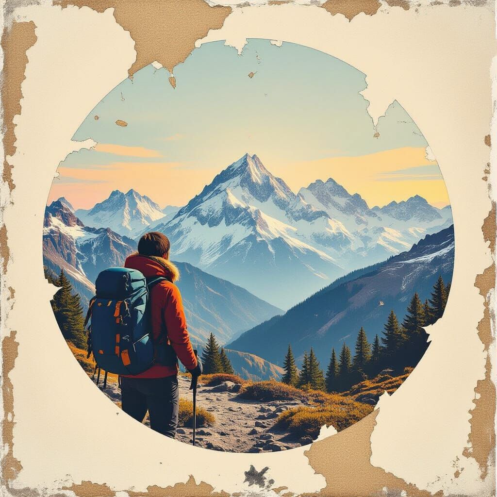 Double Exposure Oil Painting: Hiker at Sunset