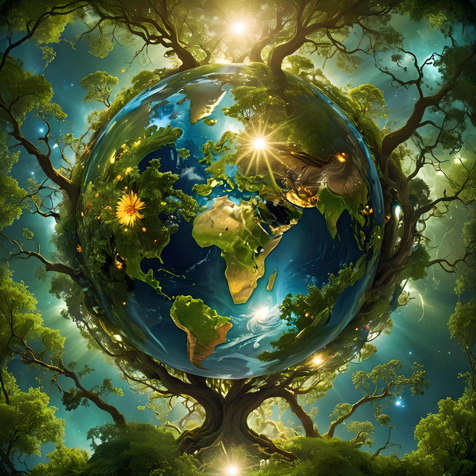 Radiant Earth Day Double Exposure in Mixed Media