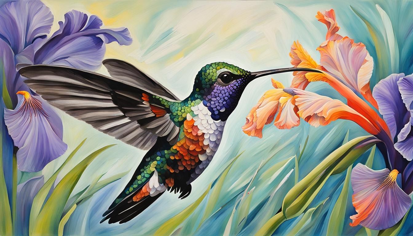 Hummingbird and Iris in Abstract Art