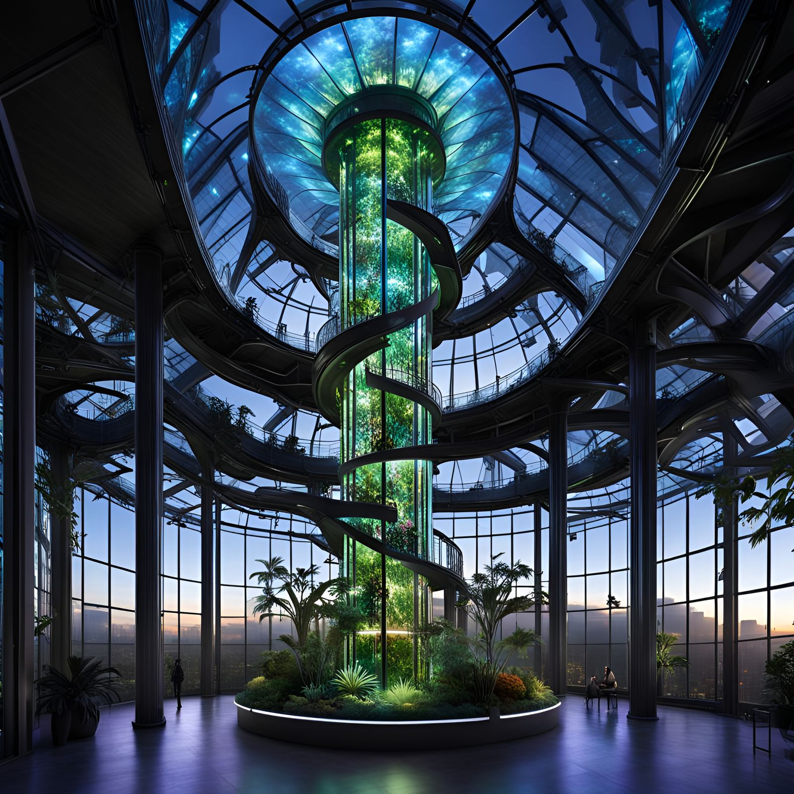 Bioluminescent Tower Interior: Sci-Fi Greenhouse in Mecha St...