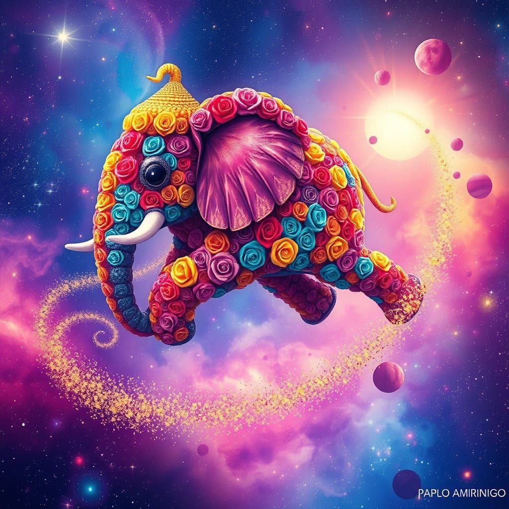 Majestic Rose Elephant Soars Through Cosmic Space