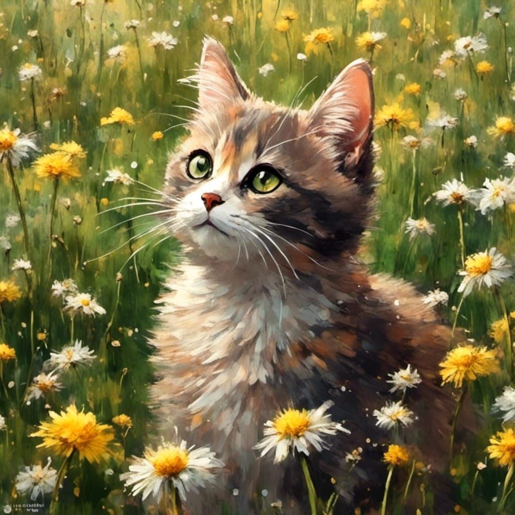 Pearl Cat in Dandelions as Impasto Oil Painting