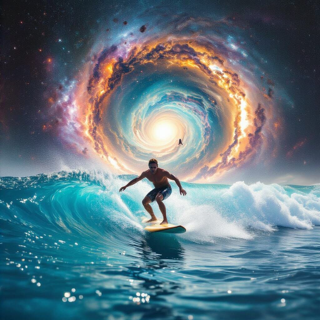 Surreal Intergalactic Surfing Race Through Wormhole