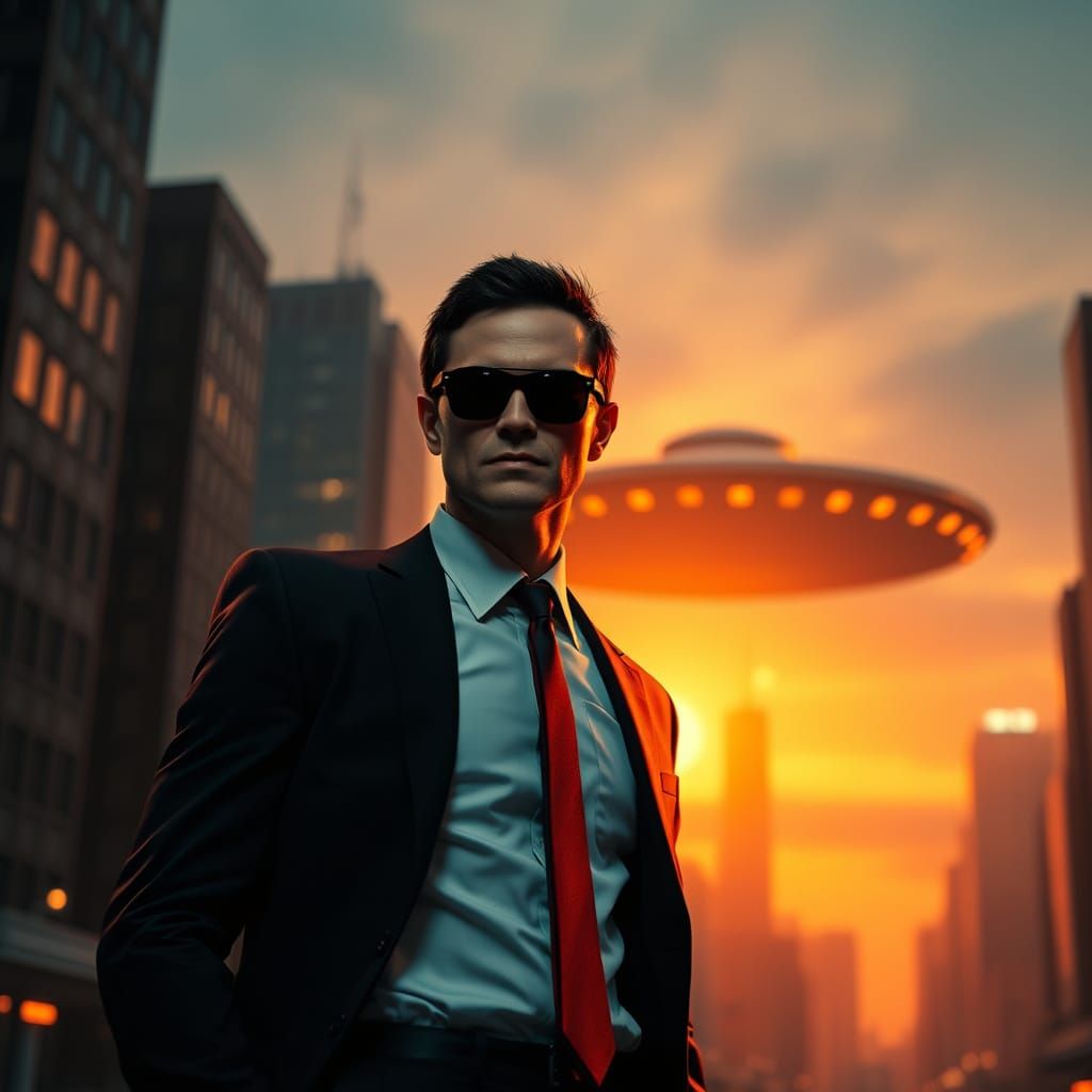 Men in Black Agent in Futuristic Cityscape