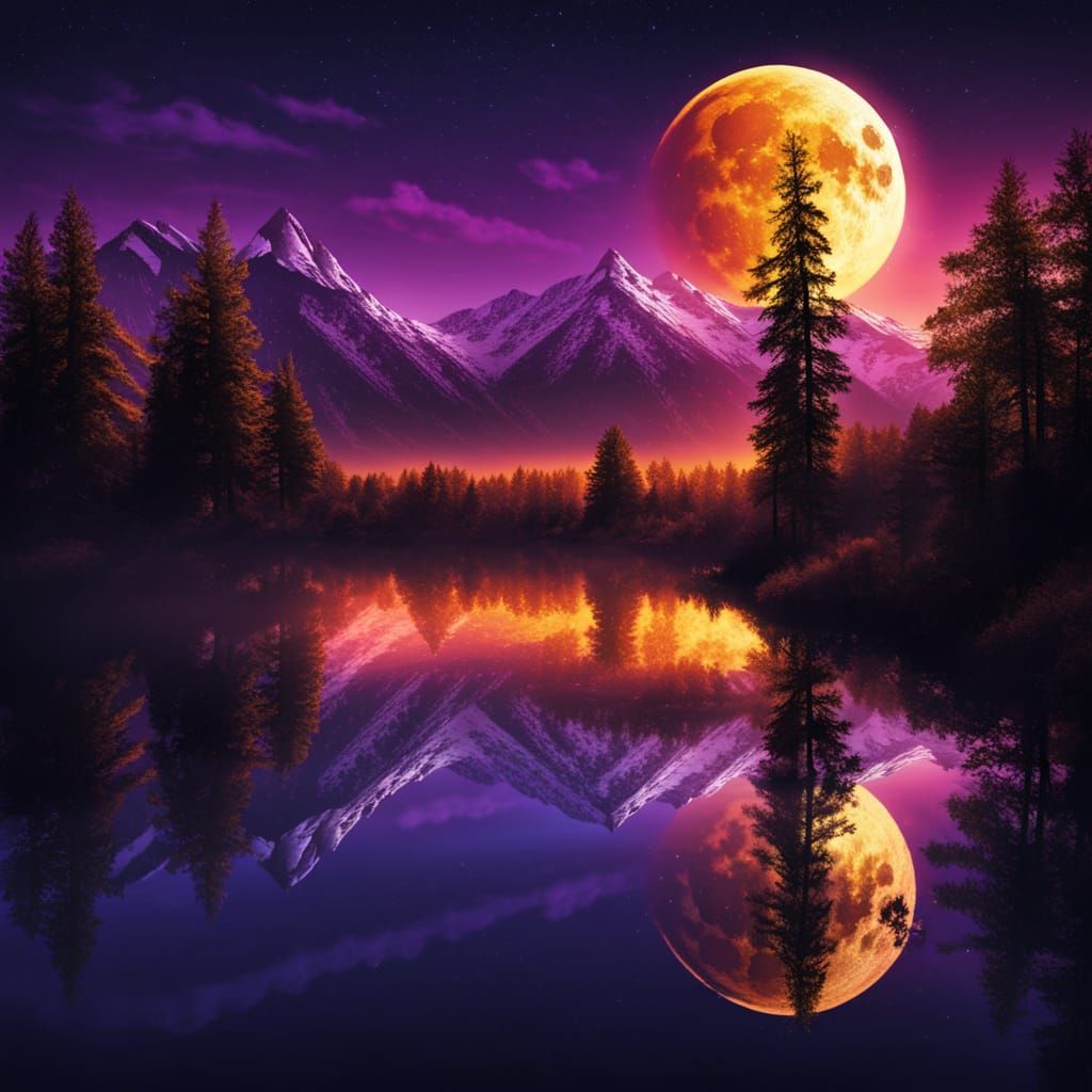 Majestic Golden Moon with Double Exposure Sky