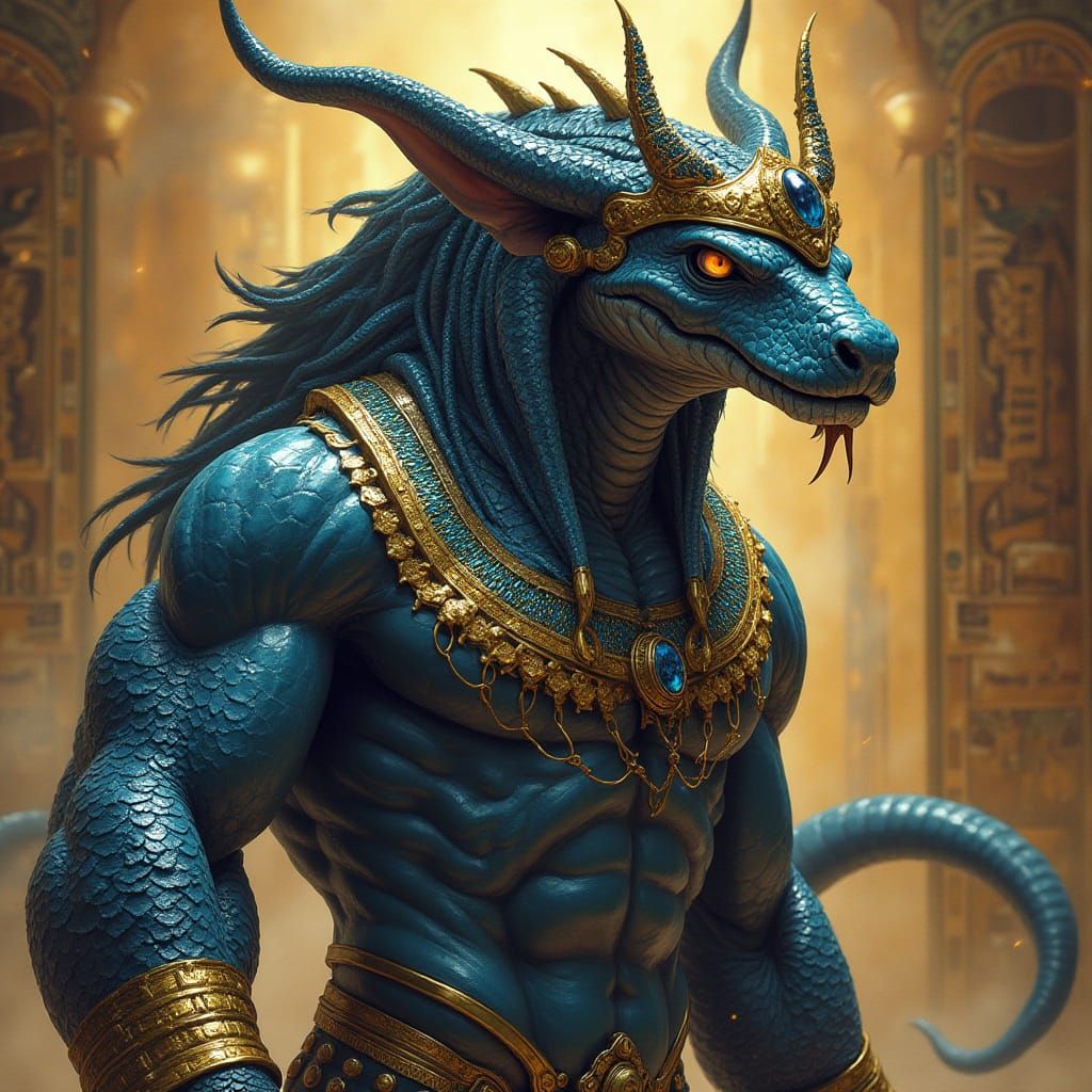 Muscular Snake Man Wears Ancient Pharaoh's Crown in a Dark F...