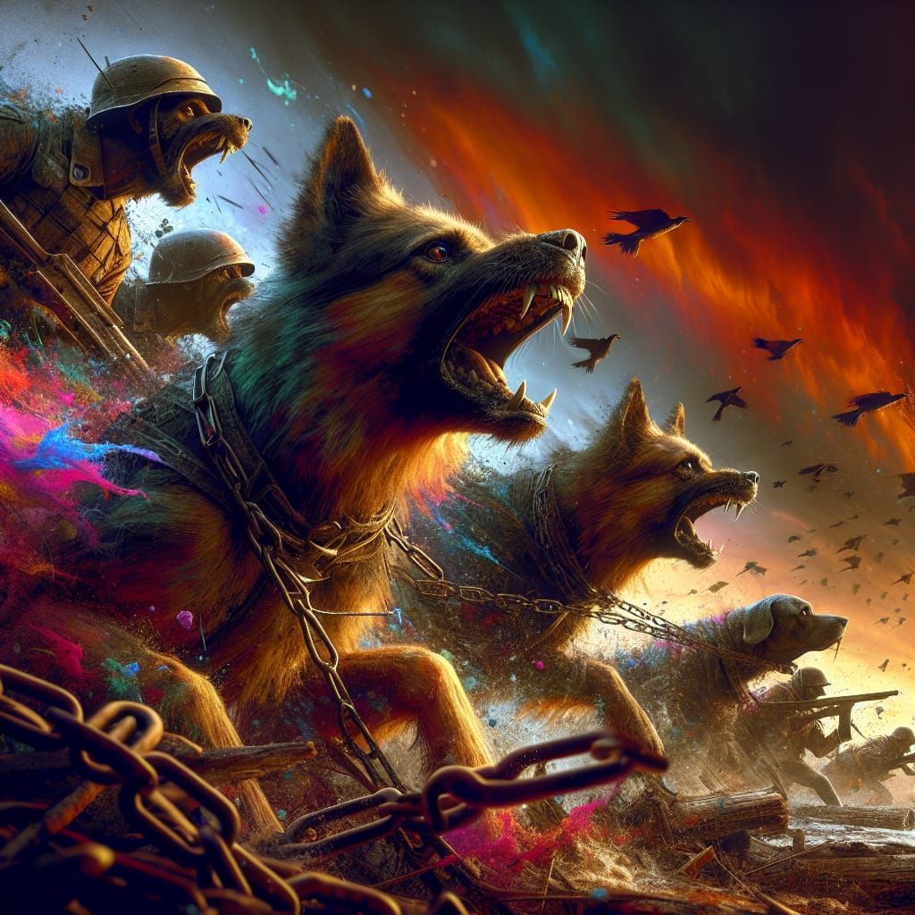 Hyperrealistic Dogs of War Unleashed in Vibrant Splash Art