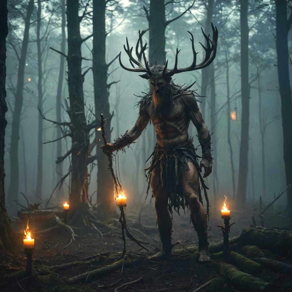 Dramatic Forest Ritual Illustration in Cinematic Style