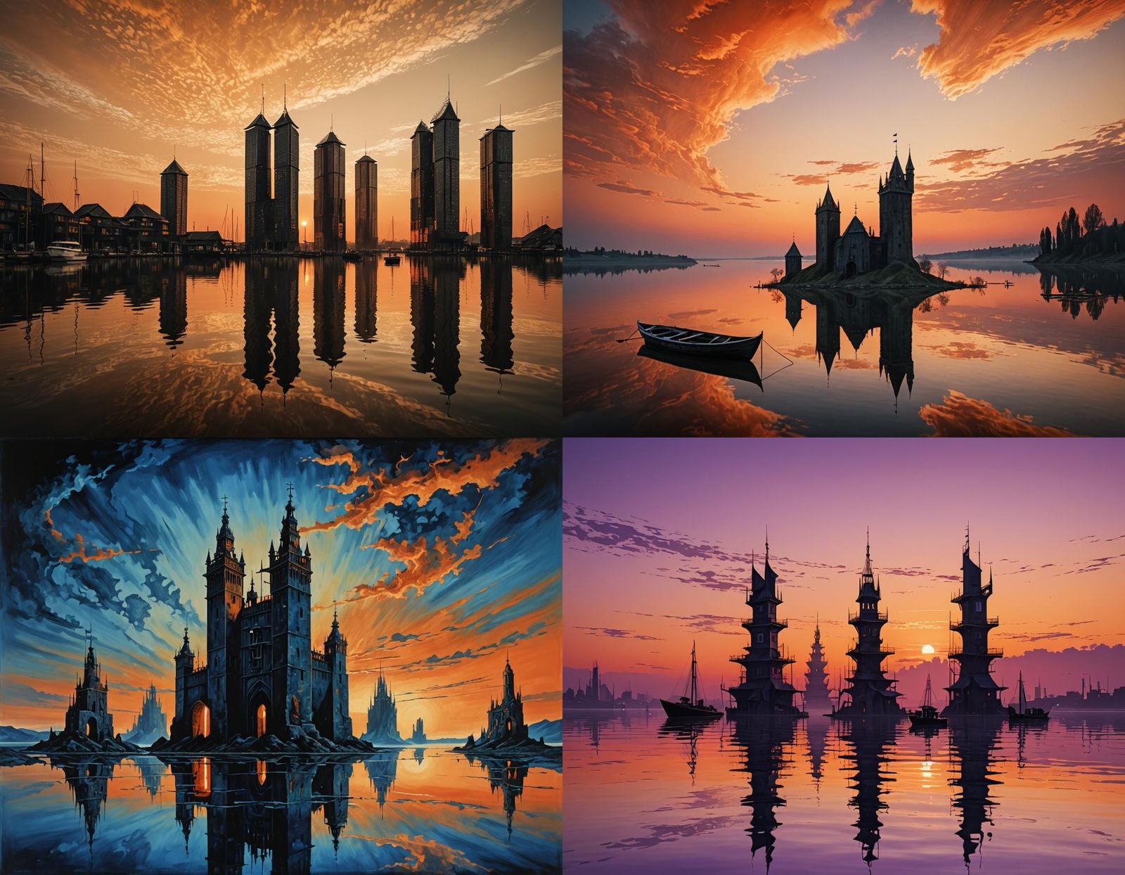 Surreal Landscape with Towers Under Orange Sky