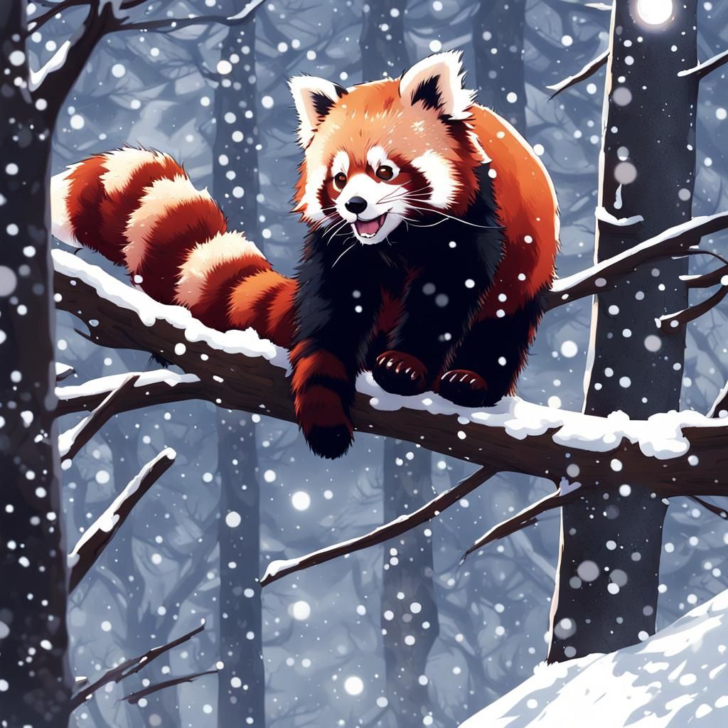 Red Panda in Snowy Forest, Anime Style