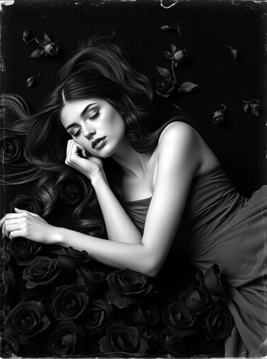 Moody Film Poster of Woman with Roses