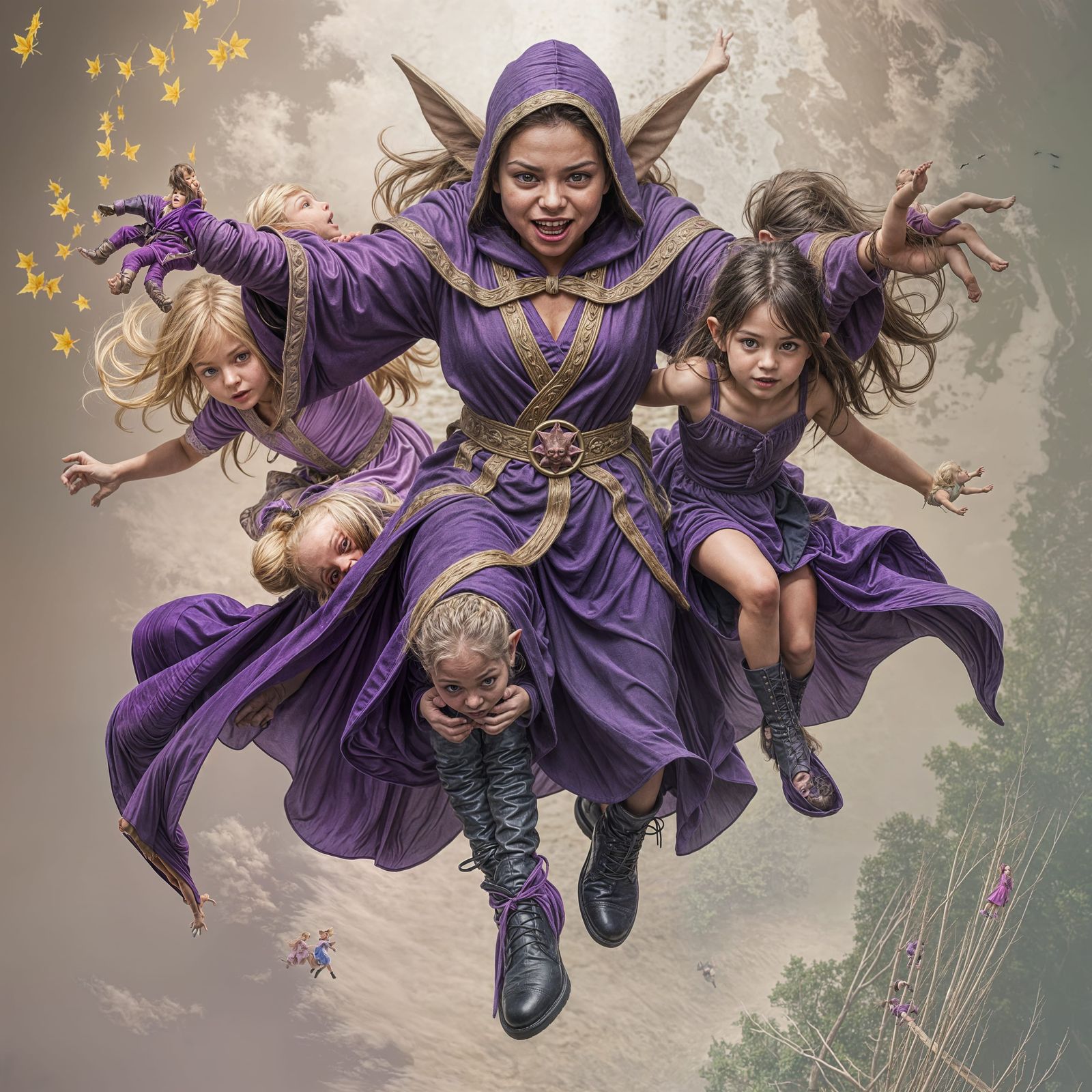 Goblin Soaring with Girls in Dark Fantasy Style