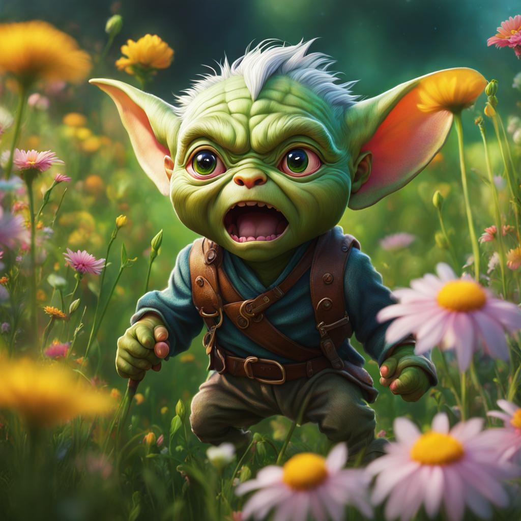 Angry Goblin in Flower Meadow, Hyperrealistic Concept Art