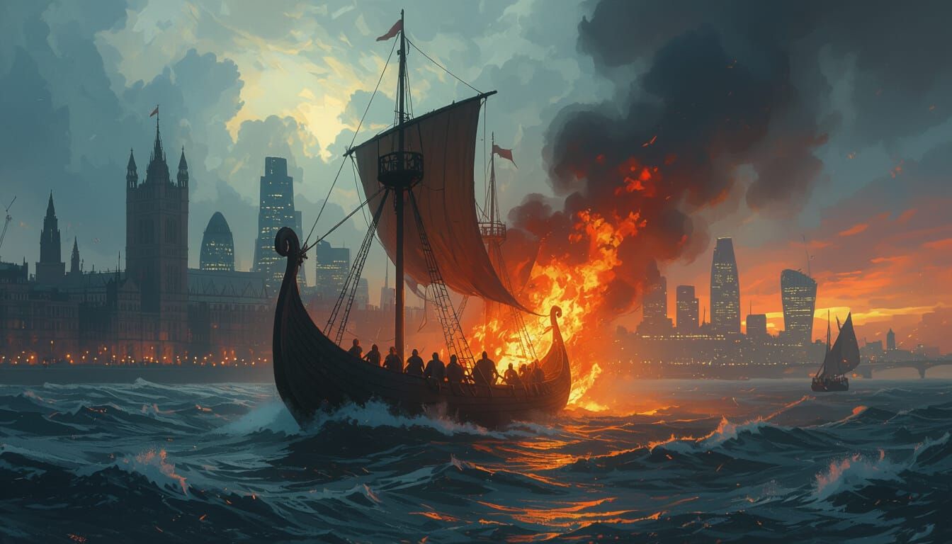 Burning Viking Ship Adrift Near Fiery London Skyline
