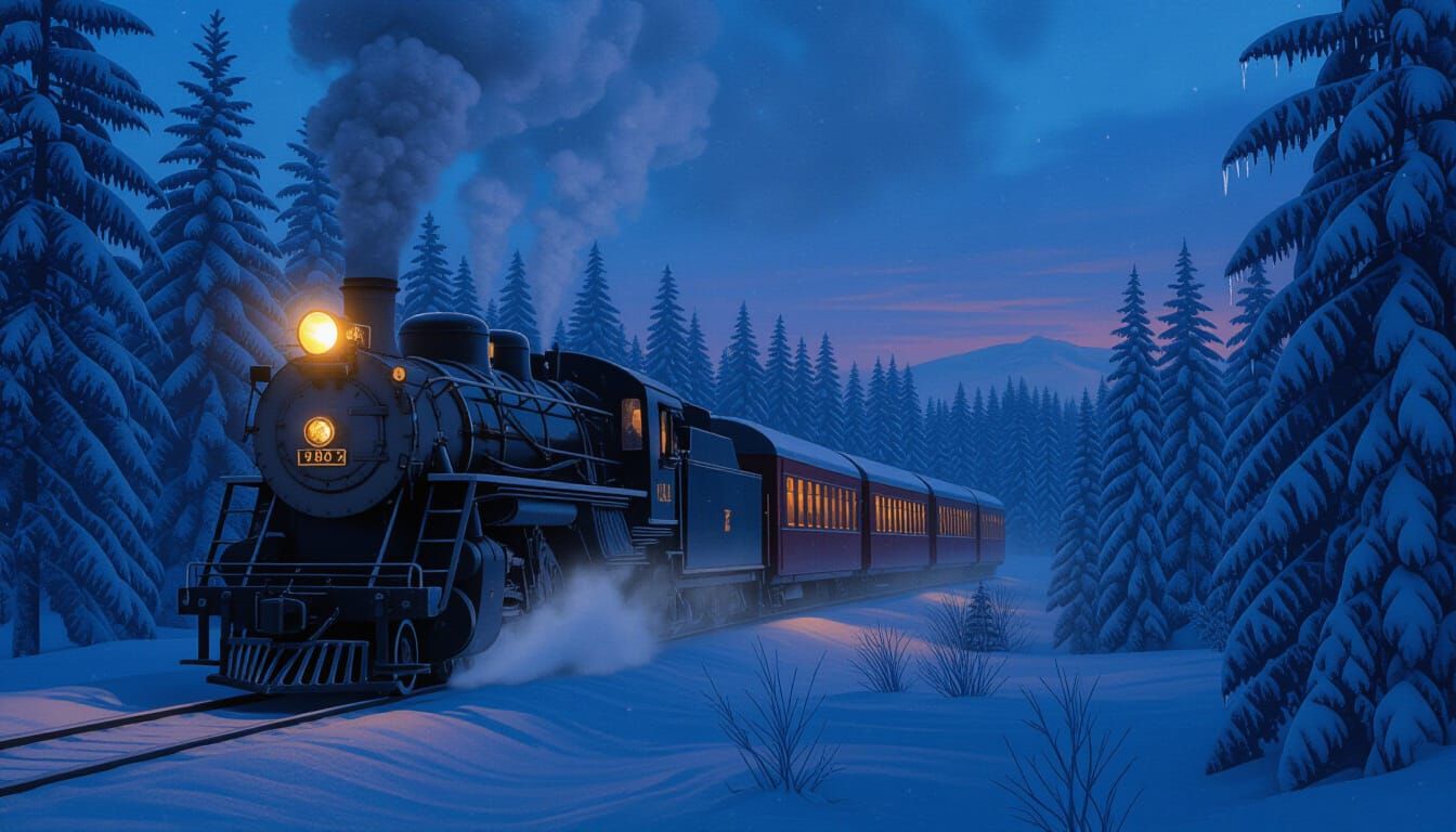 Vintage Steam Train in Snowy Forest Twilight