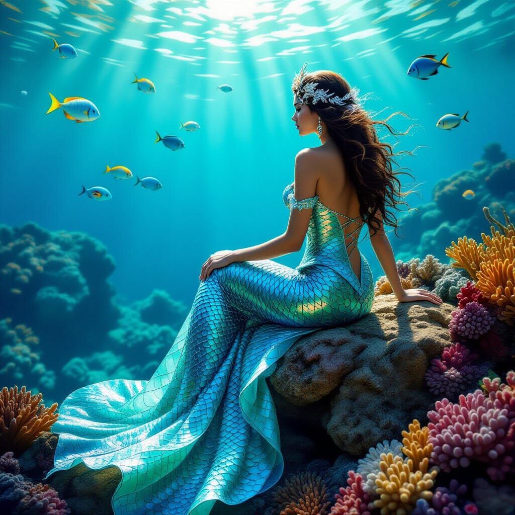 Mermaid Watching Fish in Coral Reef, Photorealistic Style