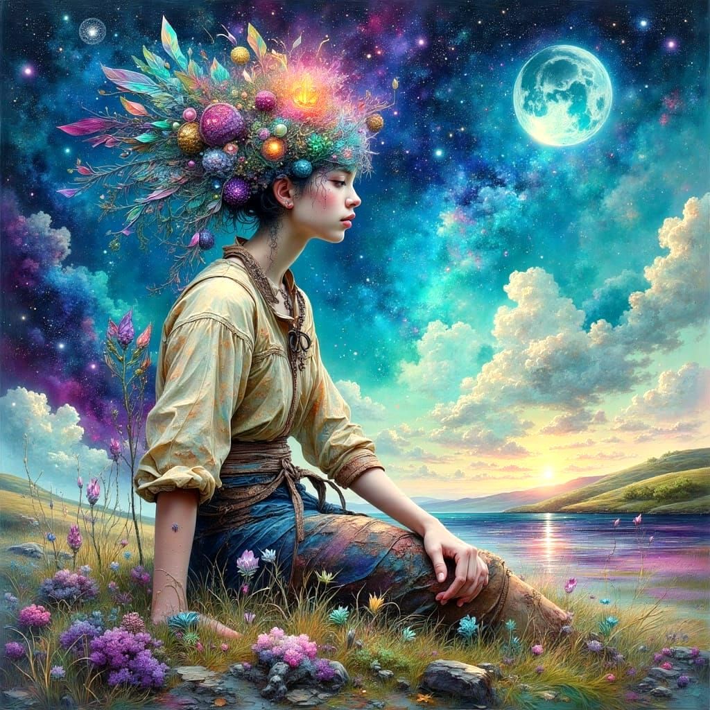 Lonely Figure Stares at Starry Sky in a Vibrant, Impasto Pai...