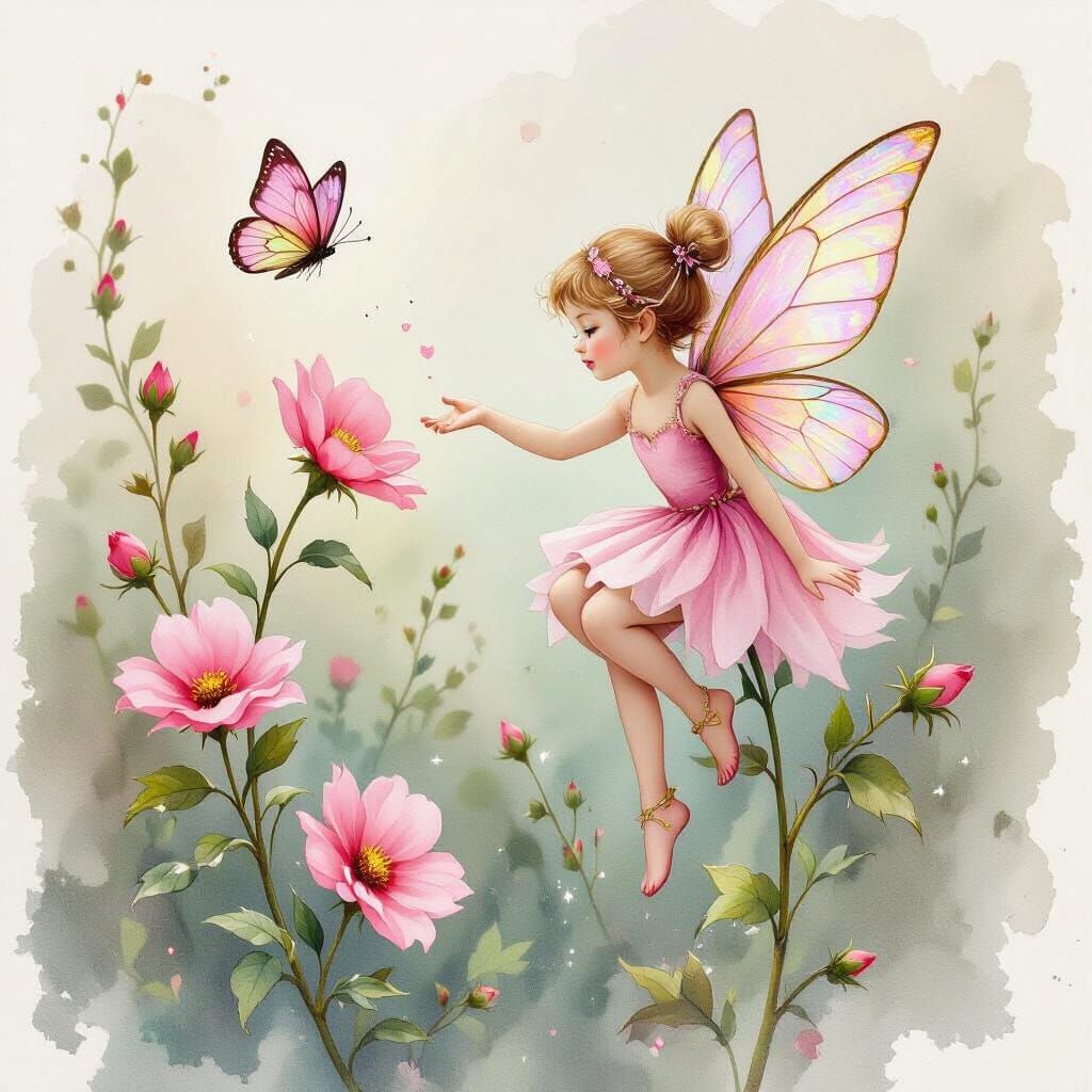 Tiny Pink Fairy on Flower Stem, Watercolor Style