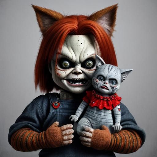 Grotesque Horror: Chucky Doll with Deformed Cat