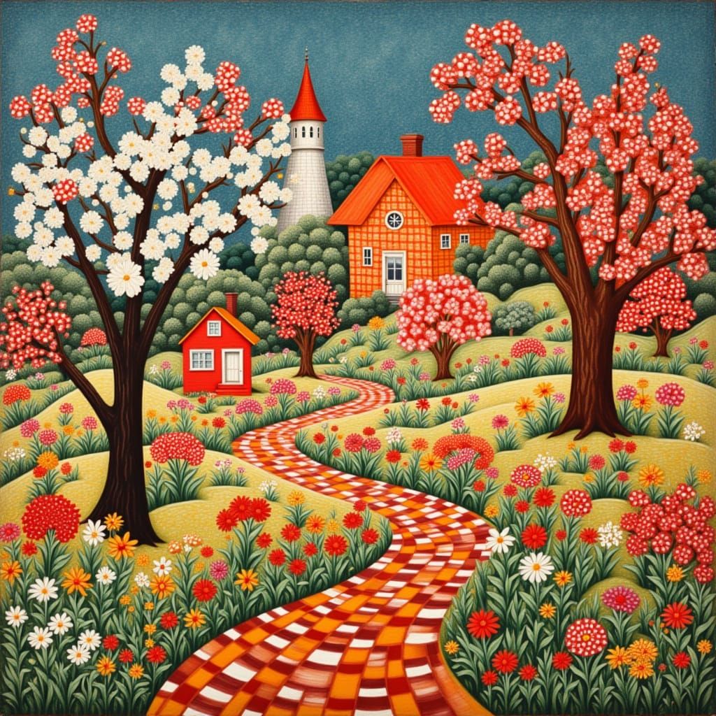 Naive Art Village Scene With Vibrant William Morris Patterns