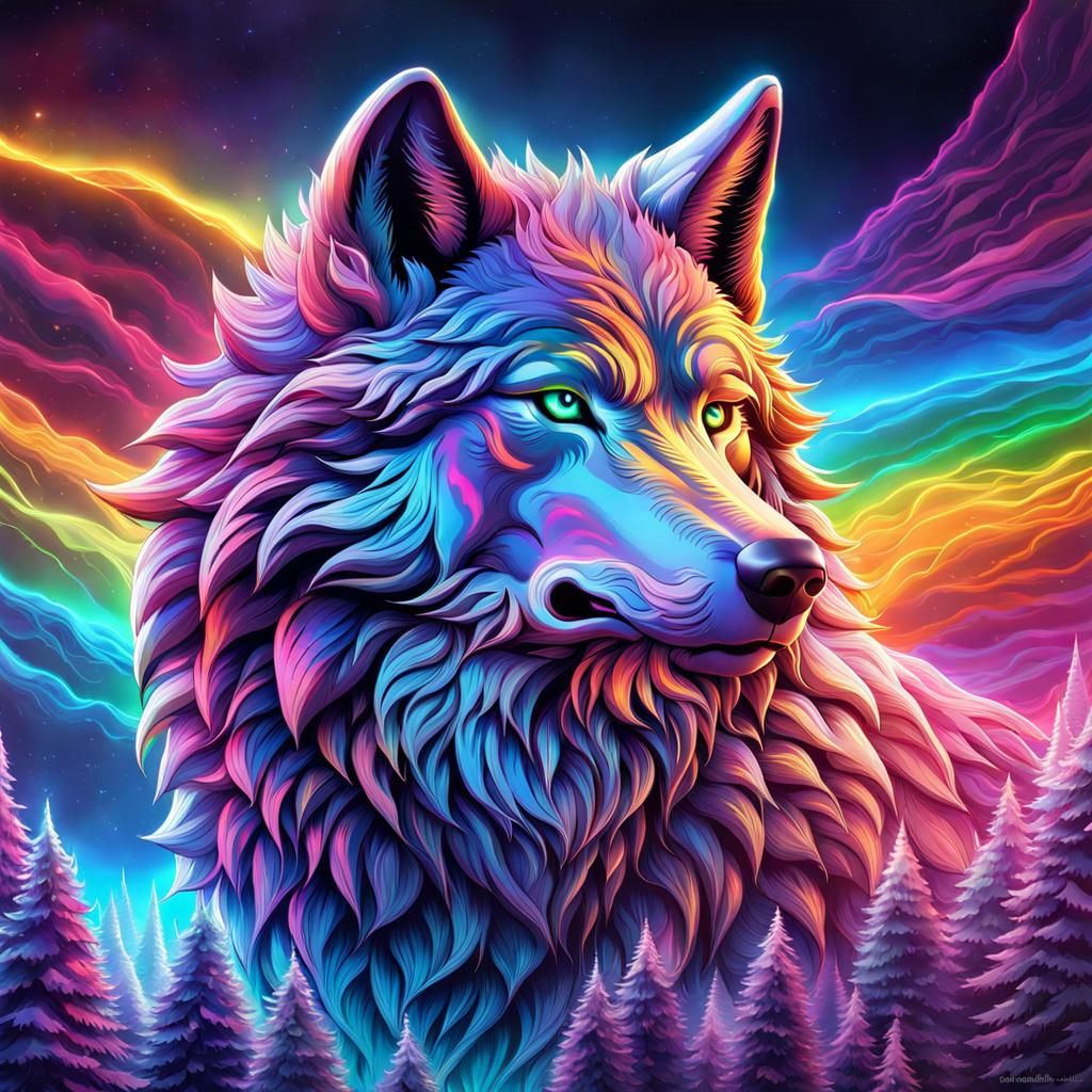 Futuristic Holographic Rainbow Wolf in Hyperrealistic Style