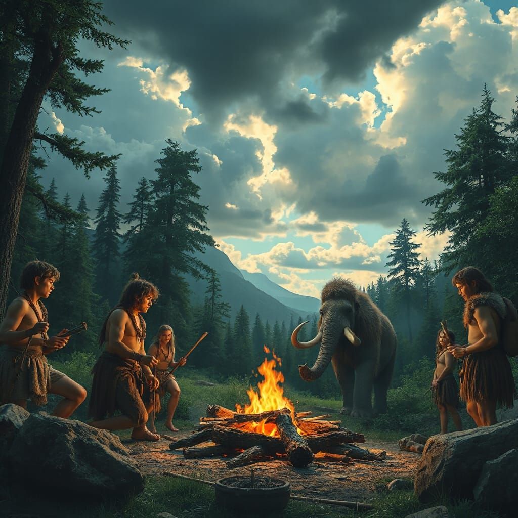 Stone Age Tribal Camp in Ghibli Anime Style