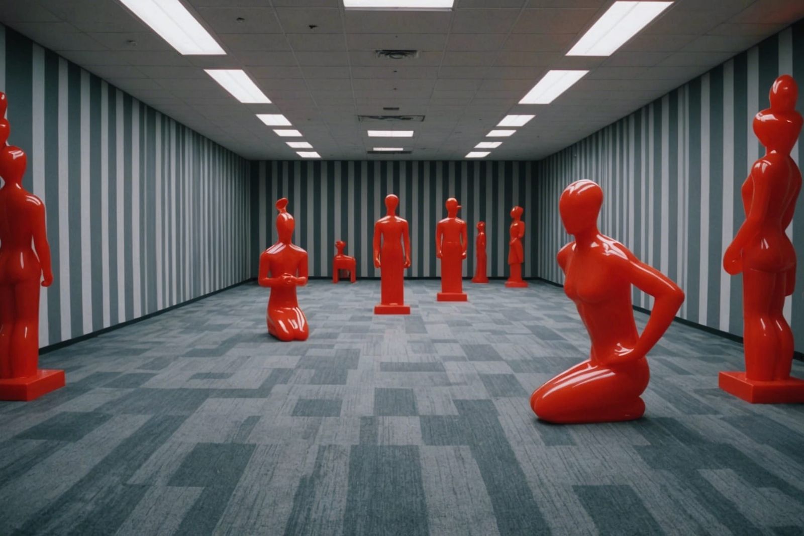 Empty Room with Red Sculptures in Blurry Photo