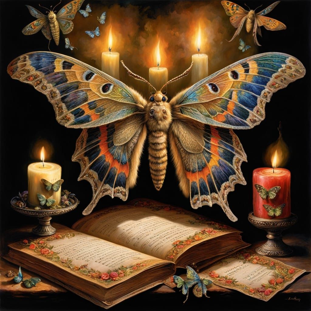 Moths Gather 'Round a Candelabra of Written Pages