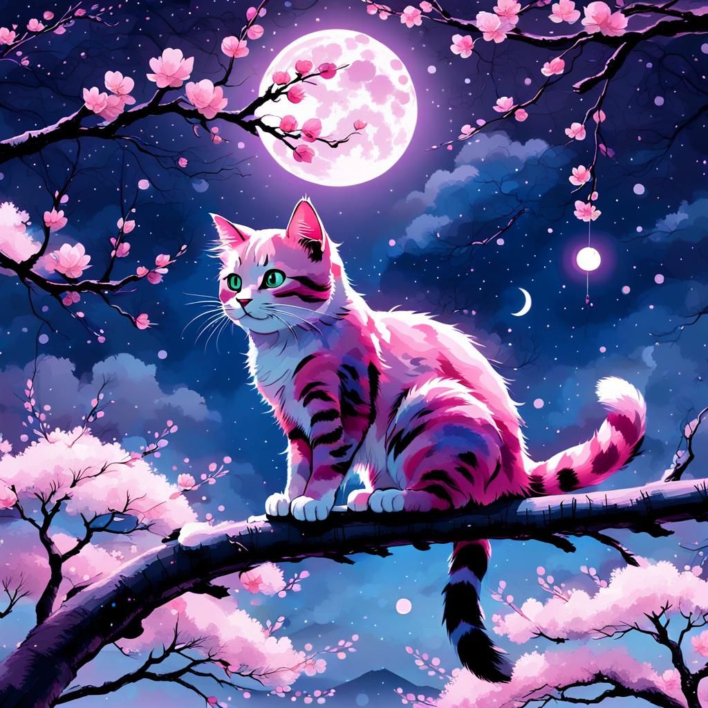Pink Cat in Japanese Night Sky, Anime Style