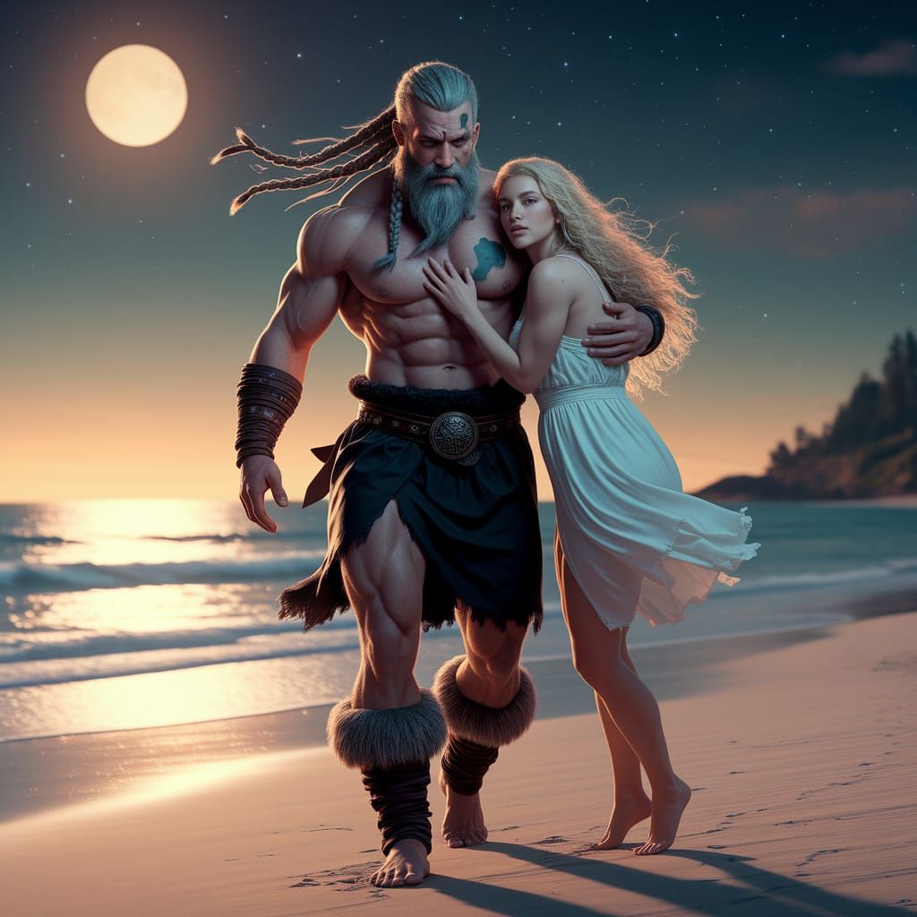 Viking and Woman on Summer Beach at Night