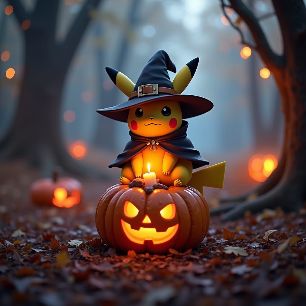 Pikachu in Halloween Costume on Pumpkin