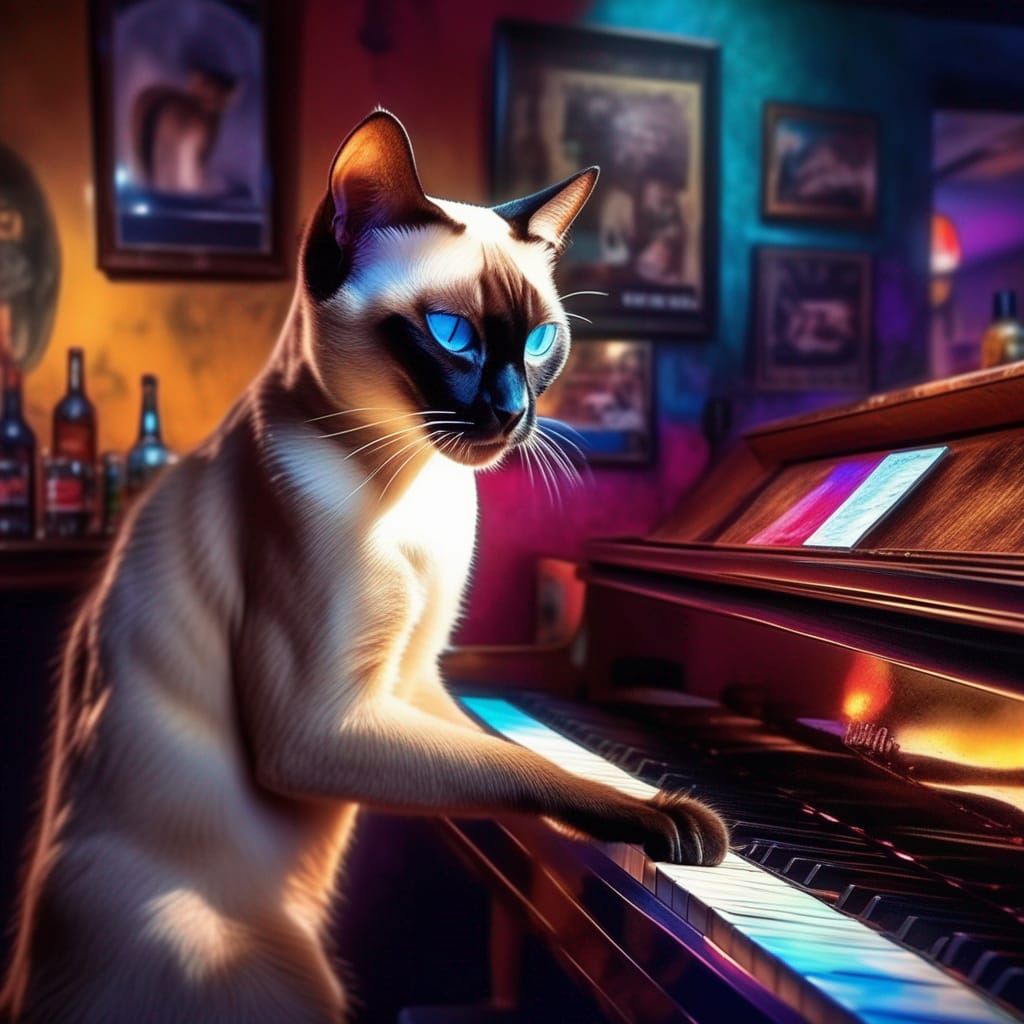 Siamese Cat Plays Piano: Hyperrealistic Splash Art