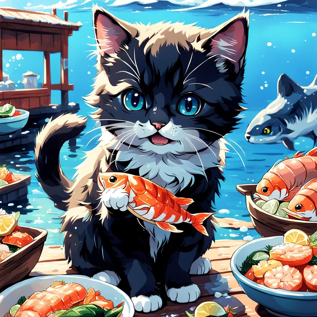 Kitten Eating Seafood in Anime Style
