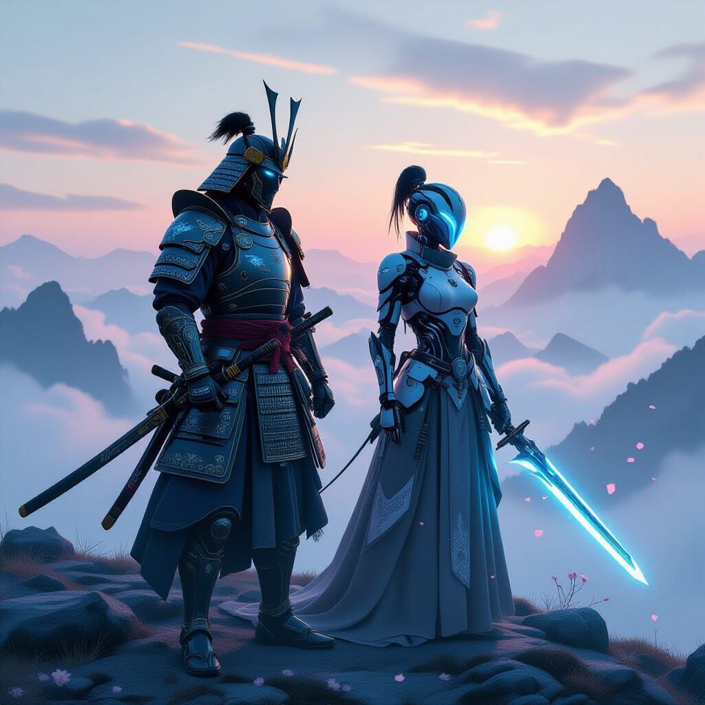 Samurai and Cyborg on Misty Mountain Peak at Dawn