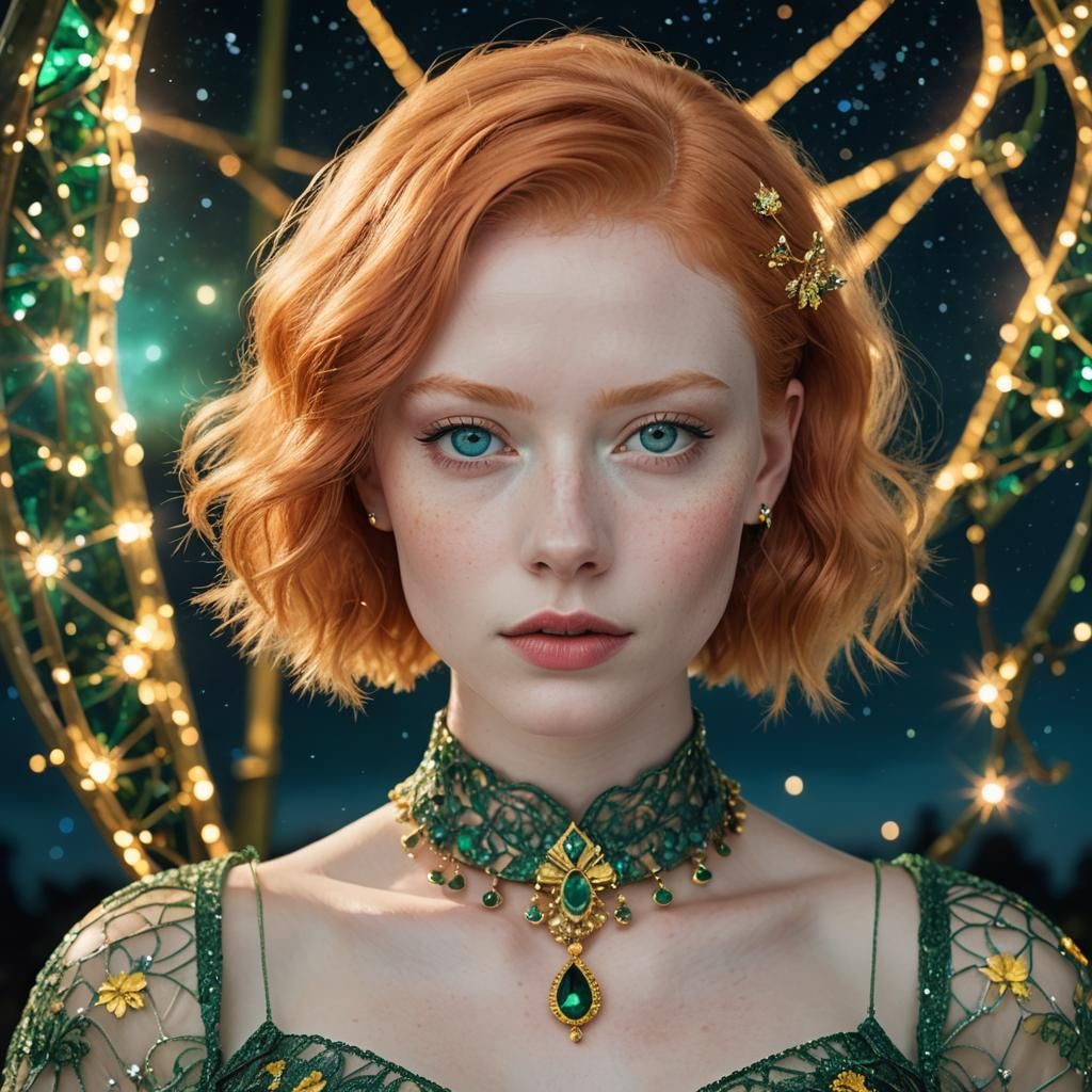 Albino Woman in Glass Dress Against Night Sky