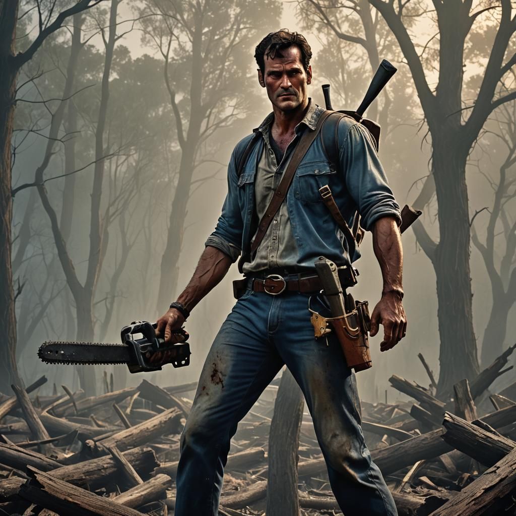 Heroic Ash Williams in a Ravaged Landscape