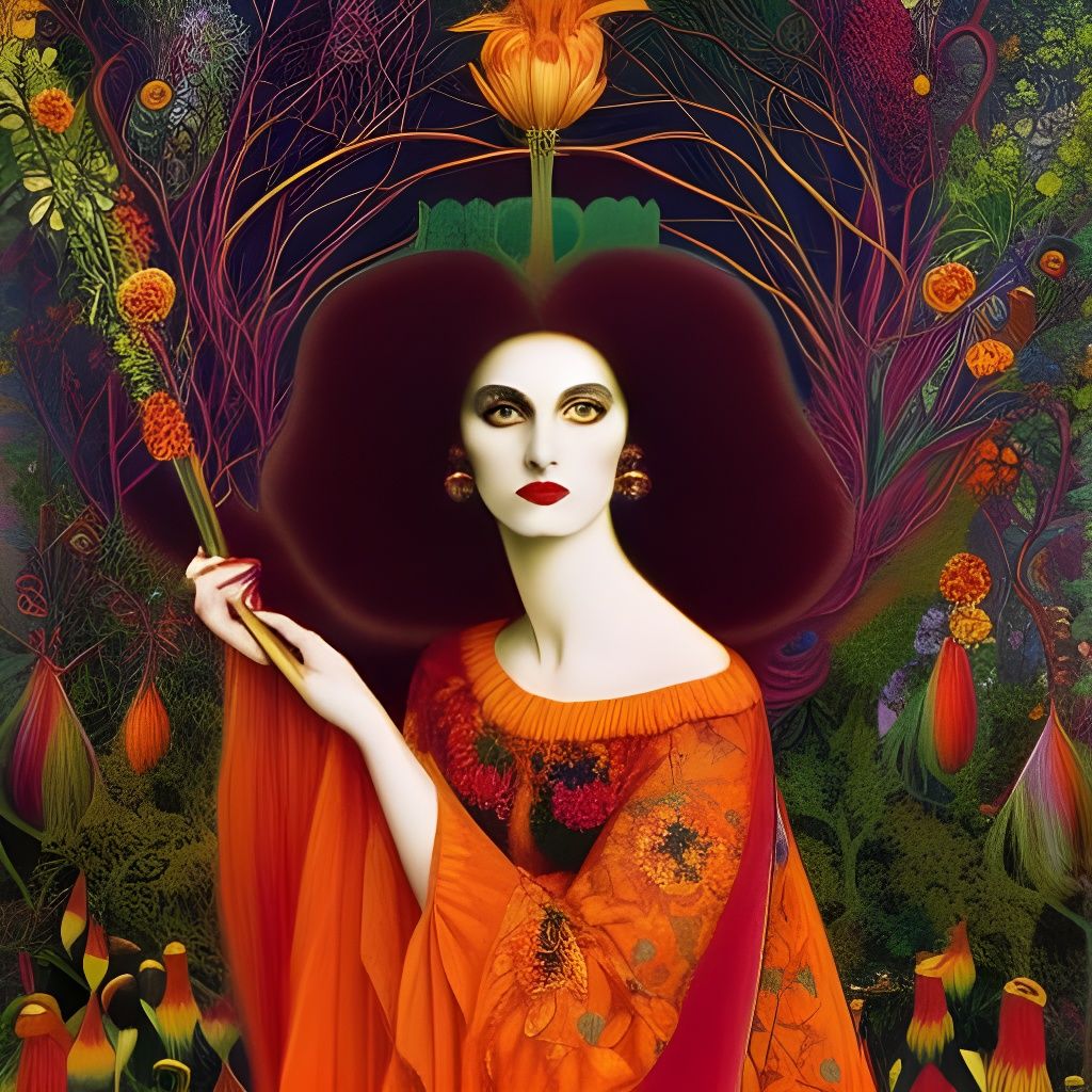 Psychedelic Witch Portrait in Pre-Raphaelite Style