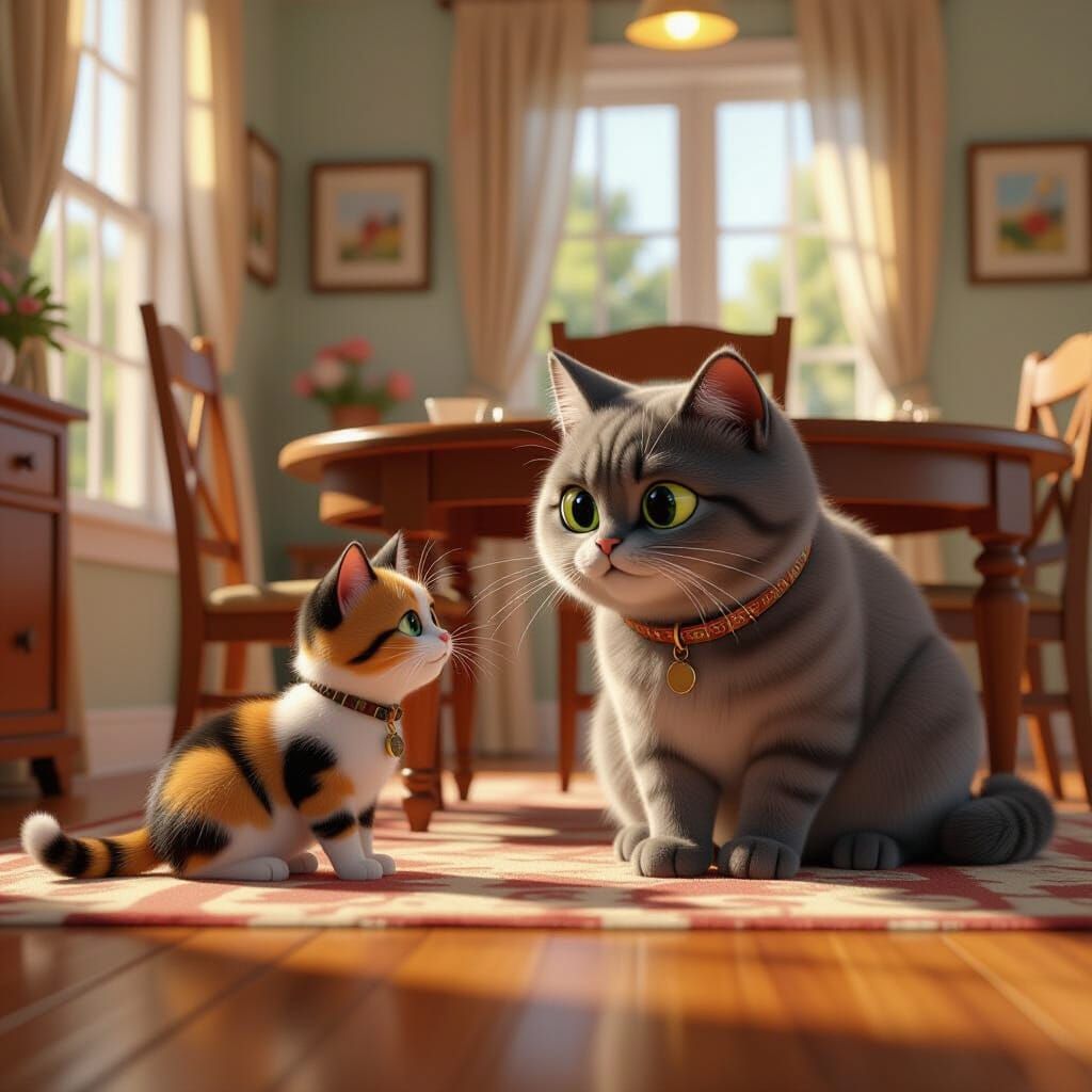 Calico Cat Sneaking Up on Grey Cat: Pixar Style