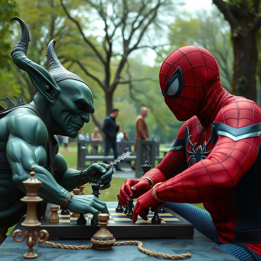 Spiderman and Green Goblin Play Chess