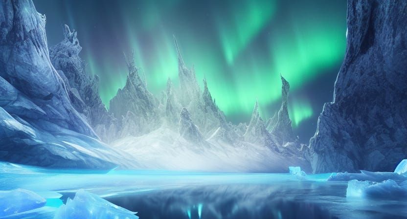 Ice God Over Frozen Sea and Mountain Landscape